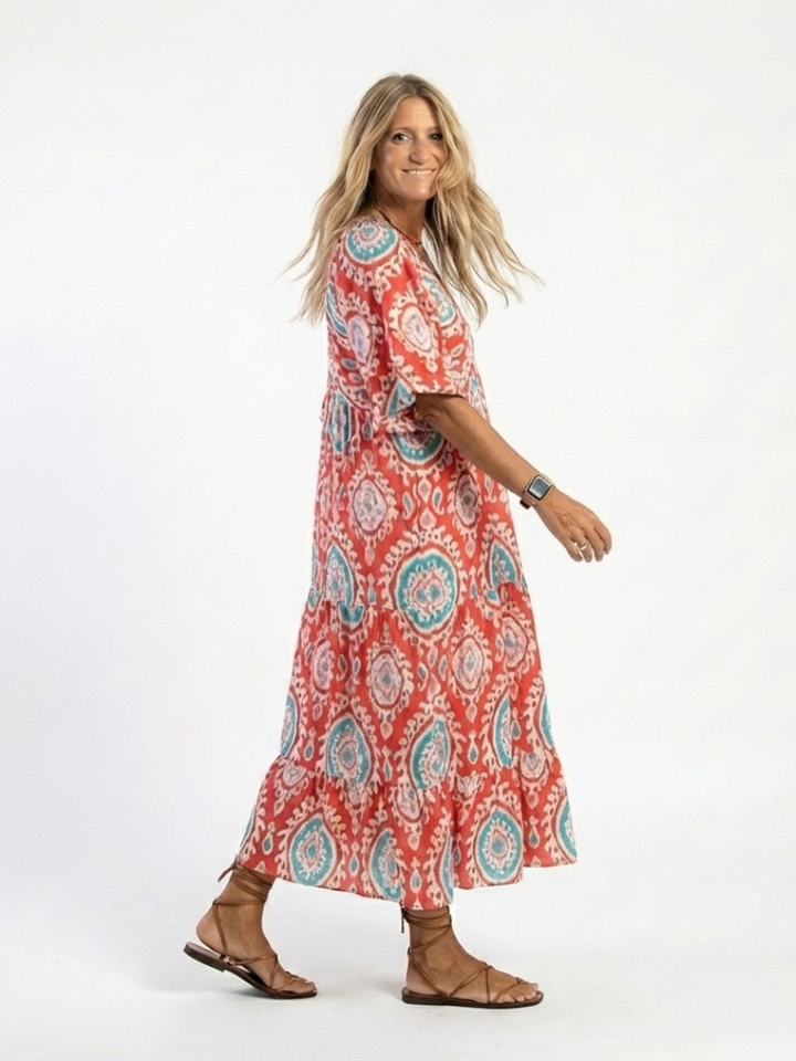 Zaria | Vestito midi a manica corta con scollo a V e stampa paisley