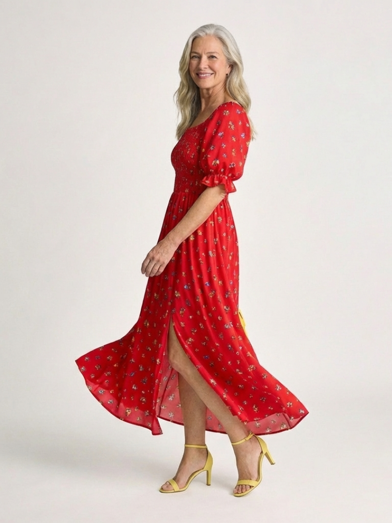 Delphine | Vestito Midi con Maniche A Palloncino e Collo Quadrato e Floreale