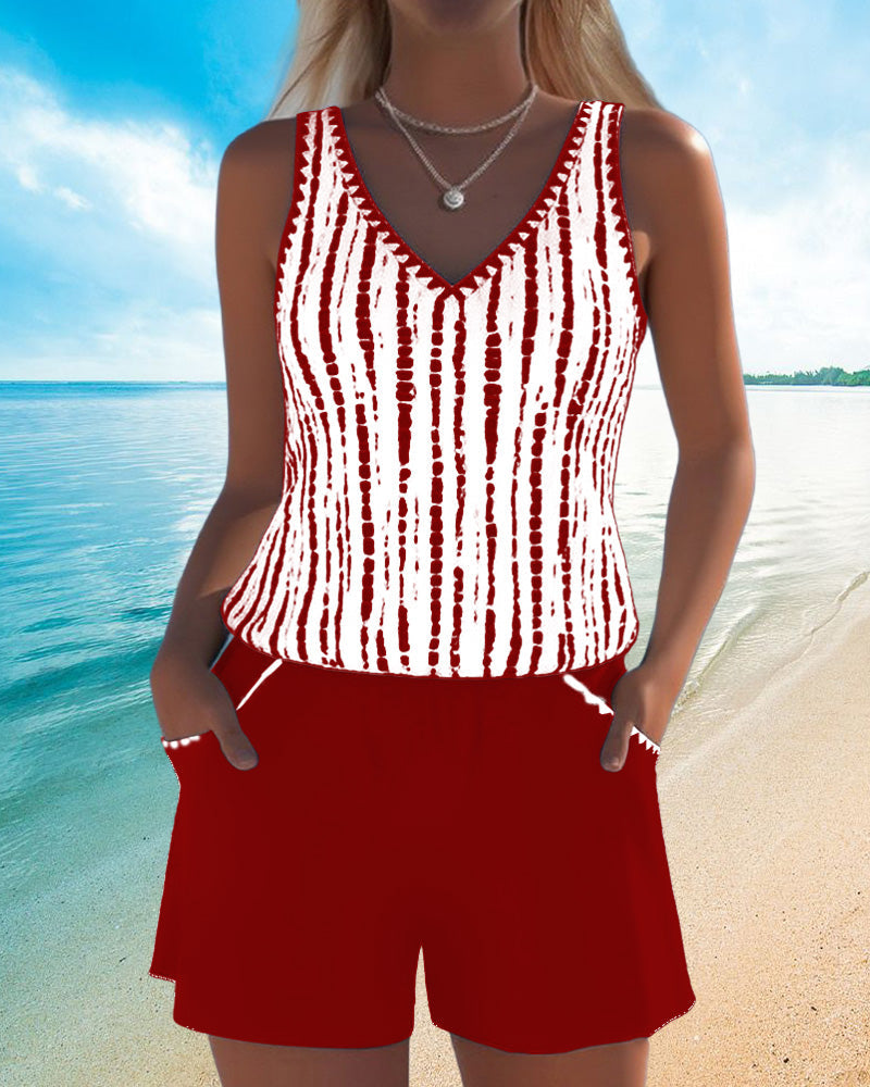 Costume da bagno casual con tasca e scollatura a V