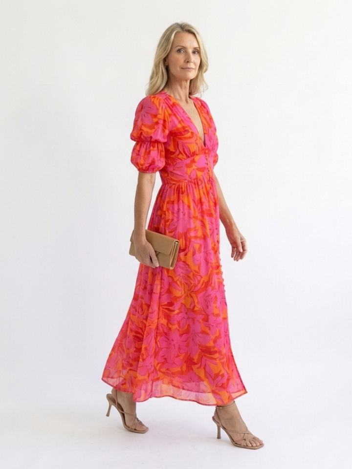 Salsa | Vestito Midi con Maniche Voluminose e Scollatura a V Floreale