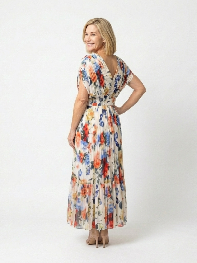 Savannah | Vestito midi floreale con maniche corte e plissettature
