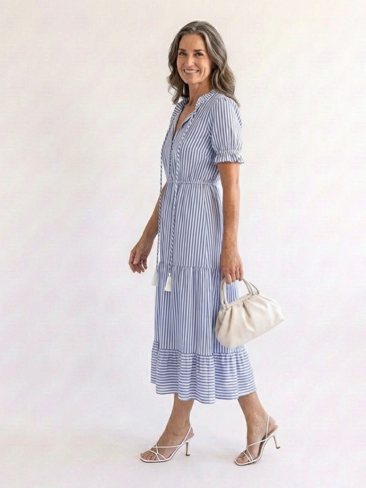 Dakota | Vestito Midi a Manica Corta a Righe con Volant