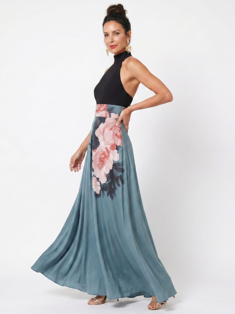 Olympas | Vestito Maxi con Corpo Halter e Gonna a Fiori