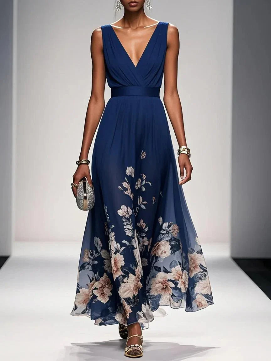 Abito lungo in chiffon azzurro chiaro con fiori, scollatura a V, senza maniche e taglio a A