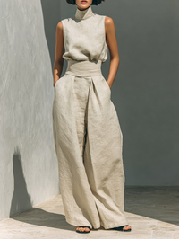 Selene | Completo Minimalista in Cotone e Lino con Pantaloni Larghi