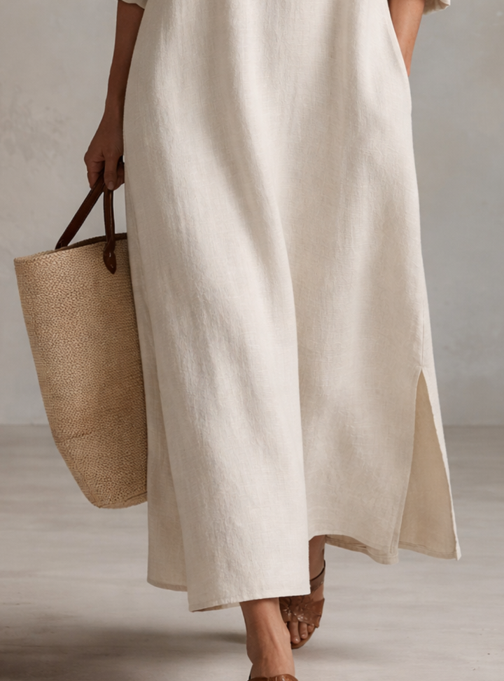 Abito Camicia Maxi Vintage Leggero in Crema Naturale