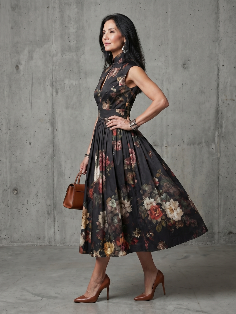 Greta | Vestito Midi Plissettato a Fiori con Collo Alto
