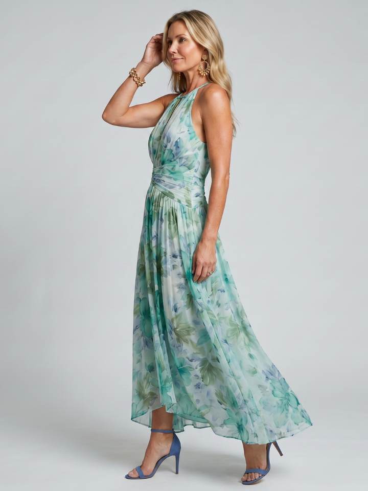 Portia | Vestito Midi con Scollatura Halter e Delicato Motivo Floreale