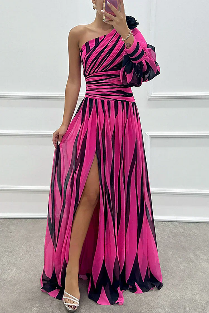 Hazel™ | Elegante Abito Maxi a Strisce con Spalla Scoperta