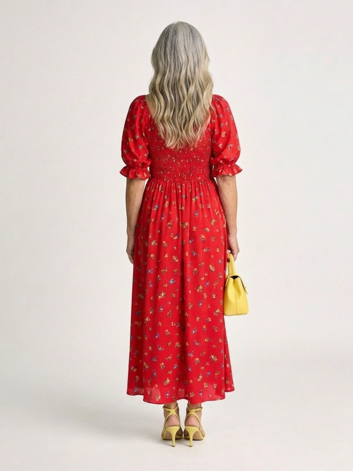 Delphine | Vestito Midi con Maniche A Palloncino e Collo Quadrato e Floreale