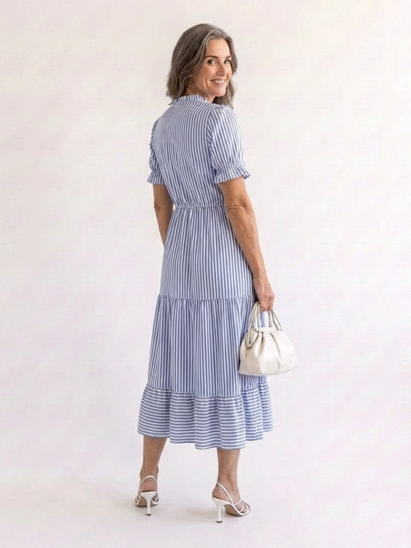 Dakota | Vestito Midi a Manica Corta a Righe con Volant