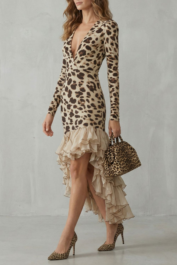 Lioraé – Abito midi con stampa leopardata e bordo arricciato