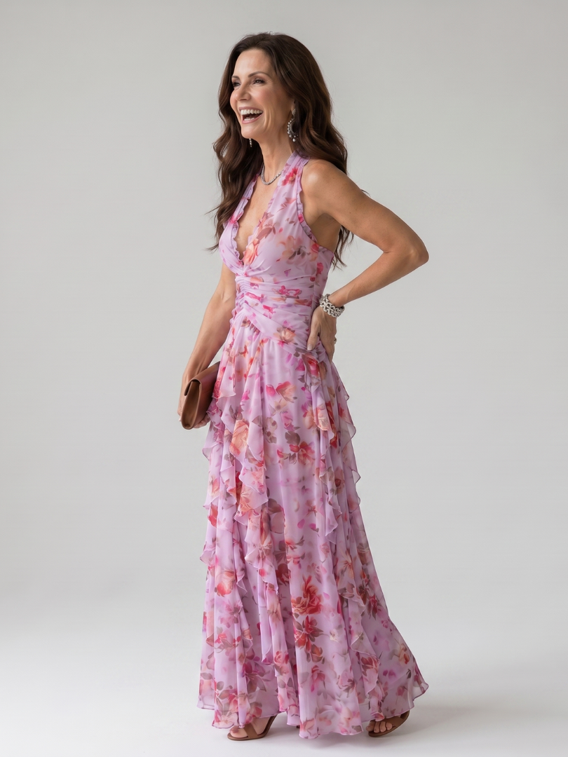 Nori | Vestito Maxi a Fiori con Scollatura Halter e Corpo Arricciato