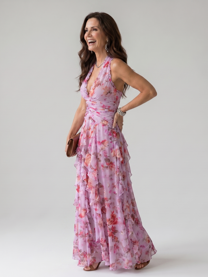 Nori | Vestito Maxi a Fiori con Scollatura Halter e Corpo Arricciato