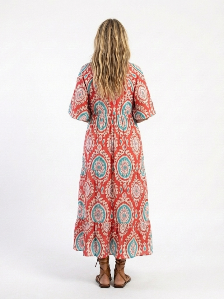 Zaria | Vestito midi a manica corta con scollo a V e stampa paisley