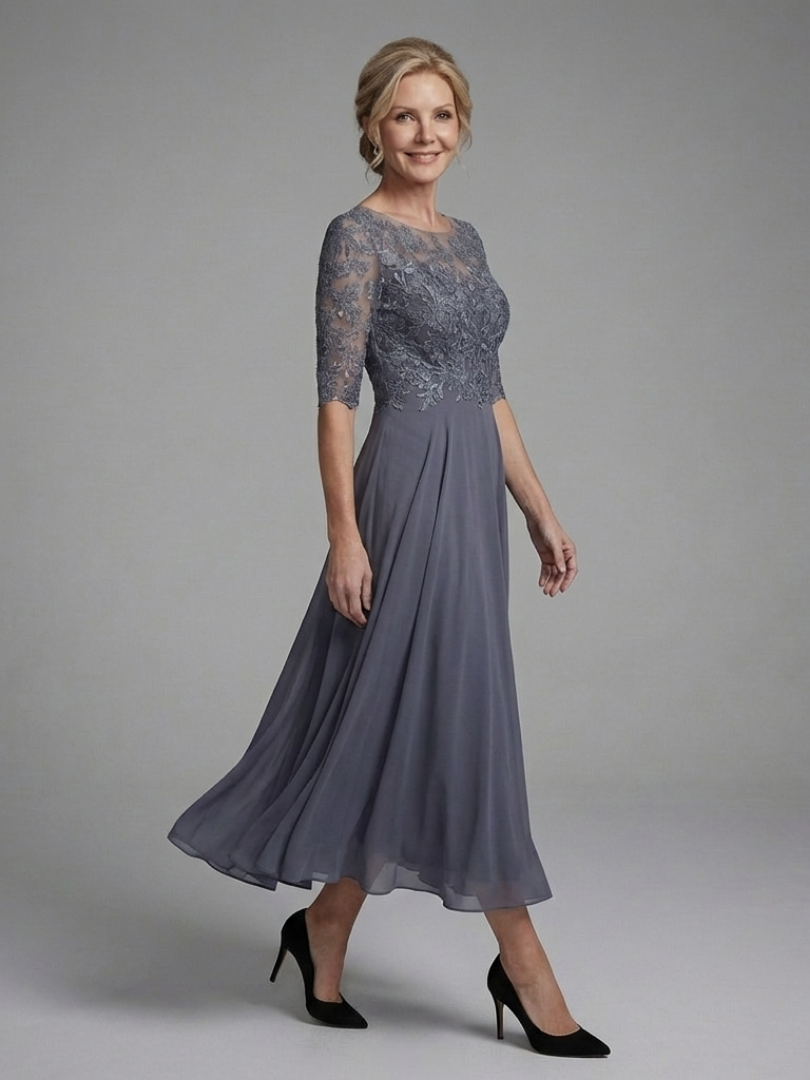 Olivina | Vestito Midi con Corpo in Pizzo e Maniche Trasparenti