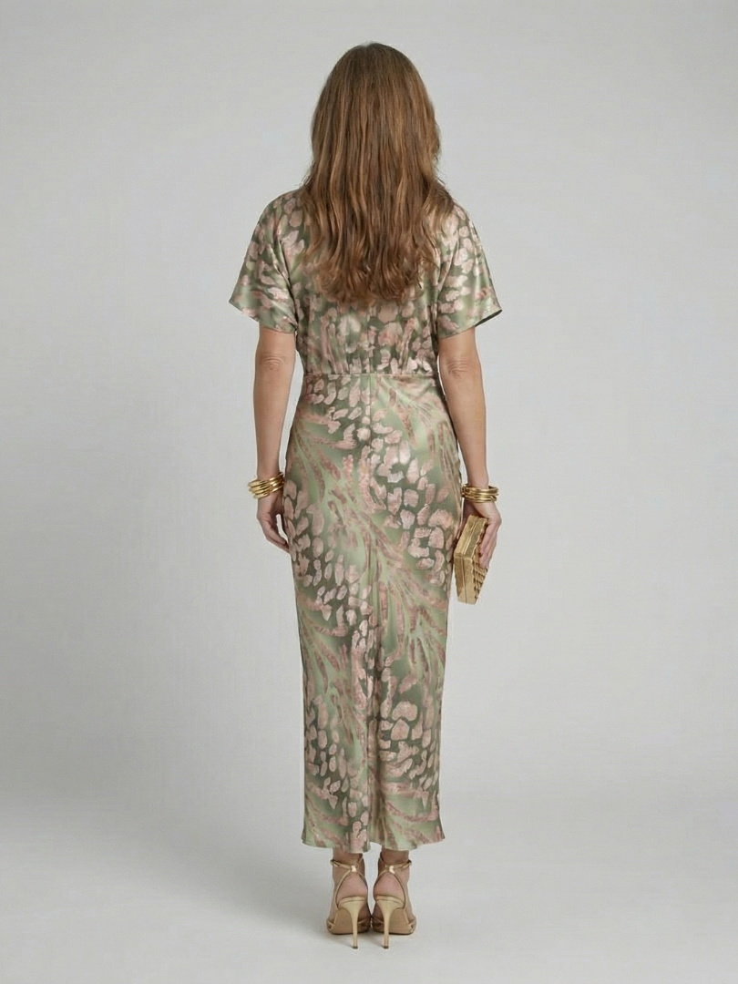 Coralie | Vestito Midi con Stampa Astratta e Scollatura a V con Vita Torcigliata