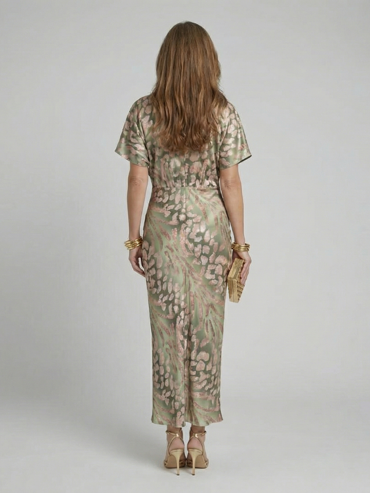 Coralie | Vestito Midi con Stampa Astratta e Scollatura a V con Vita Torcigliata
