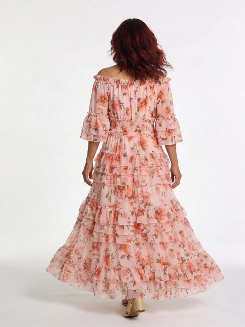 Rosalie | Vestito Maxi Floreale con Volant e Spalle Scoperte