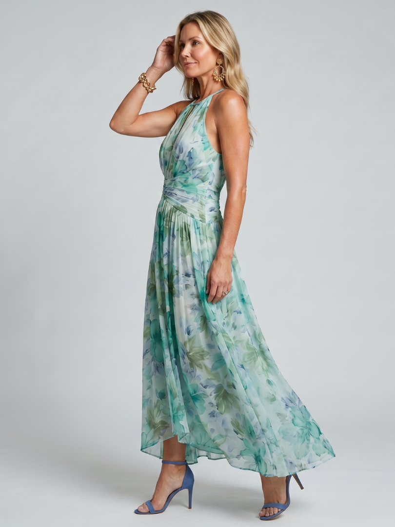 Portia | Abito Midi a Halter Plissettato con Morbido Motivo Floreale