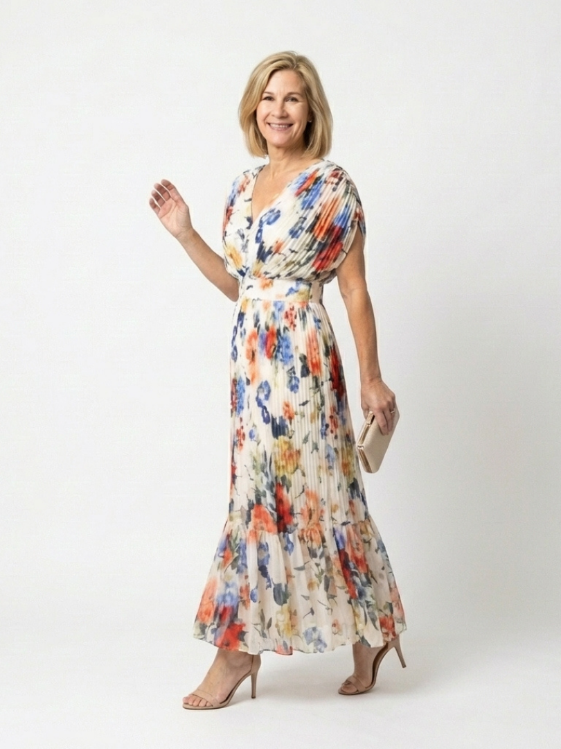 Savannah | Vestito midi floreale con maniche corte e plissettature