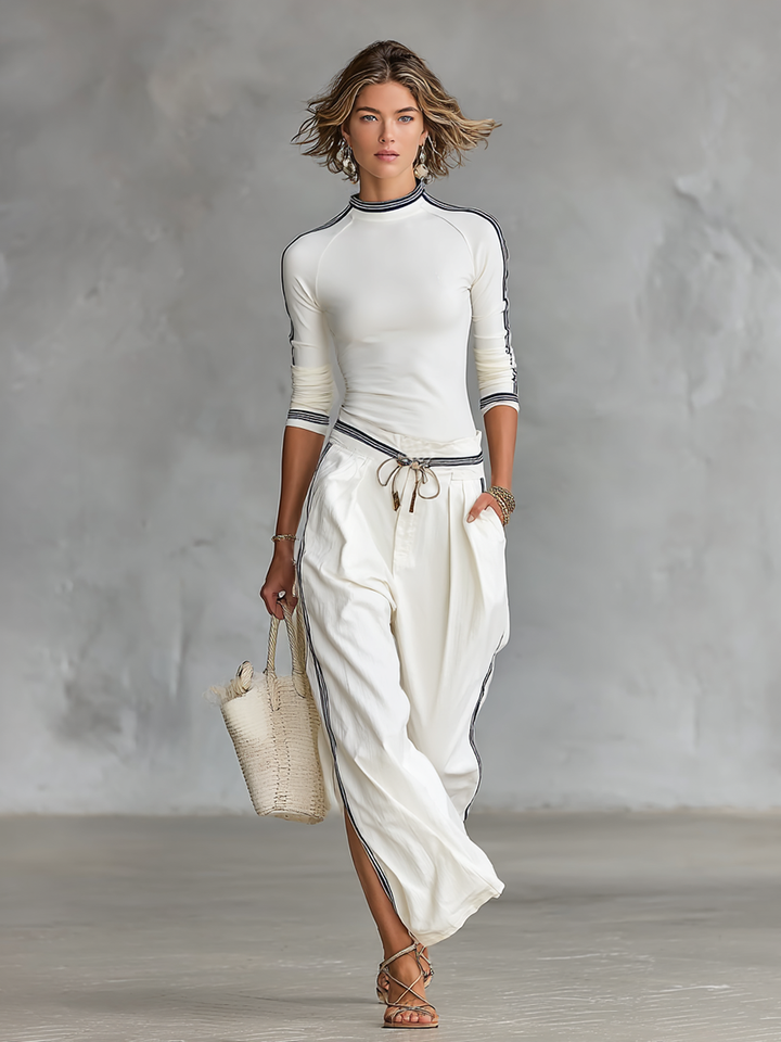 Set di Due Pezzi per Donne: Maglietta Sportiva a Maniche Lunghe con Collo Alto e Pantaloni Larghi con Coulisse