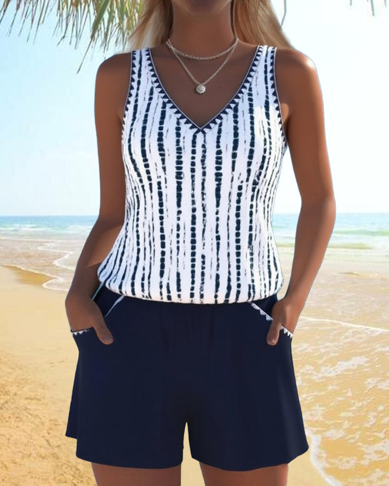 Costume da bagno casual con tasca e scollo a V