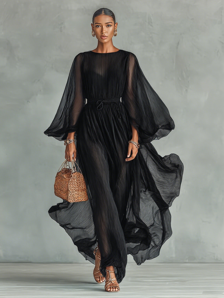Abito Maxi in Chiffon con Collo Rotondo e Maniche Lunghe per Donna, con Vita Regolabile