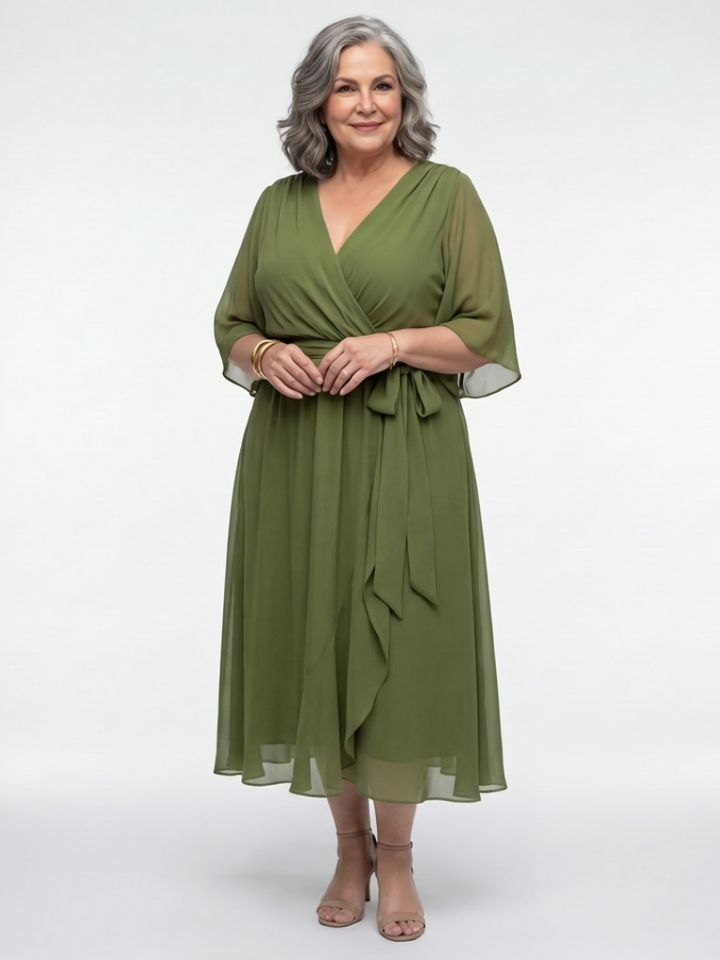 Elysia | Vestito Midi con Scollatura a V e Vita con Nastro