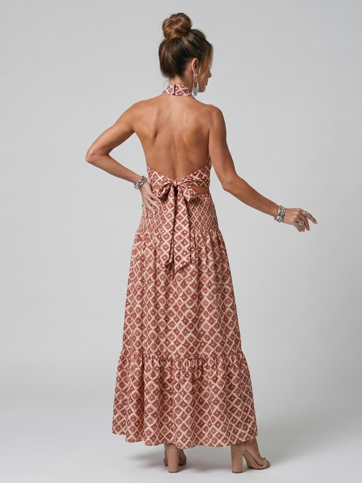 Amira | Vestito Midi Cutout con Stampa Geometrica e Collo Halter Incrociato