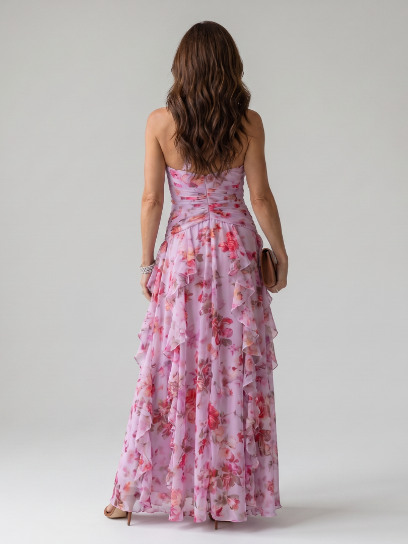 Nori | Abito Maxi con Scollo a Halter e Gonna Plissettata a Fiori