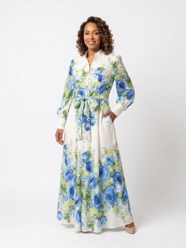 Harper | Vestito Maxi Floreale a Manica Lunga con Bottoni