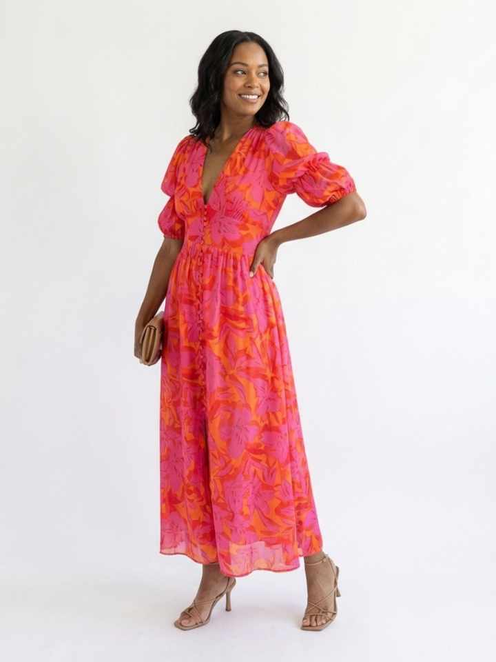 Salsa | Vestito Midi con Maniche Voluminose e Scollatura a V Floreale