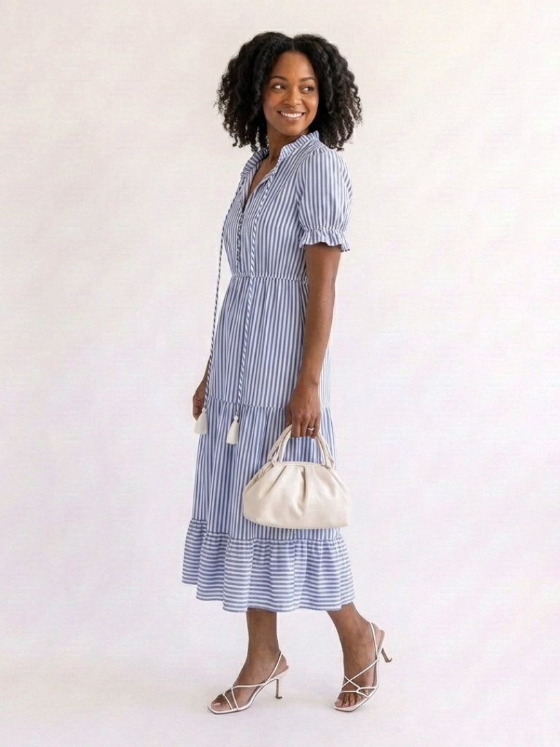Dakota | Vestito Midi a Manica Corta a Righe con Volant