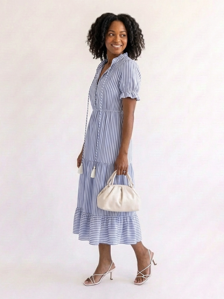 Dakota | Vestito Midi a Manica Corta a Righe con Volant