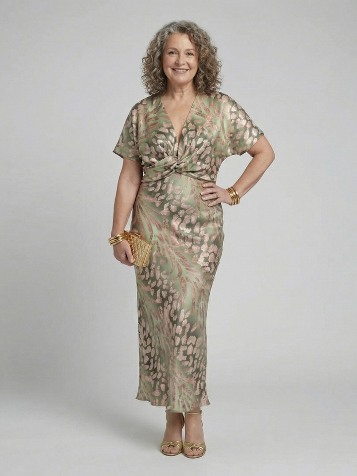 Coralie | Vestito Midi con Stampa Astratta e Scollatura a V con Vita Torcigliata