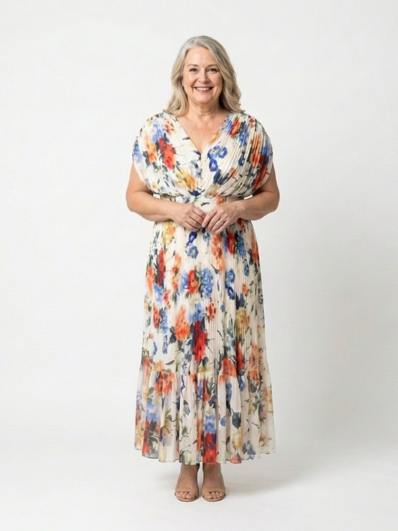 Savannah | Vestito midi floreale con maniche corte e plissettature
