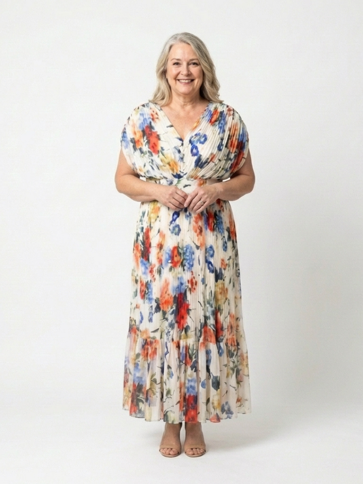 Savannah | Vestito midi floreale con maniche corte e plissettature