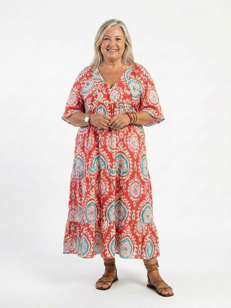 Zaria | Vestito midi a manica corta con scollo a V e stampa paisley