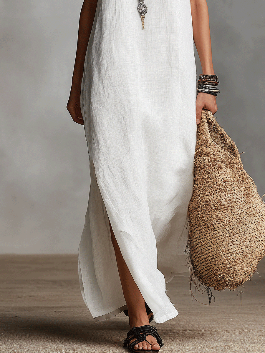 Chic Abito Maxi Bianco Senza Maniche con Scollatura a V