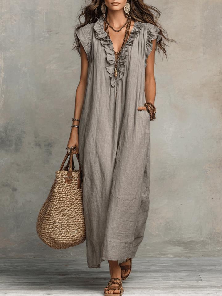 Abito Maxi Fluttuante Bohemien Senza Maniche con Scollatura a V