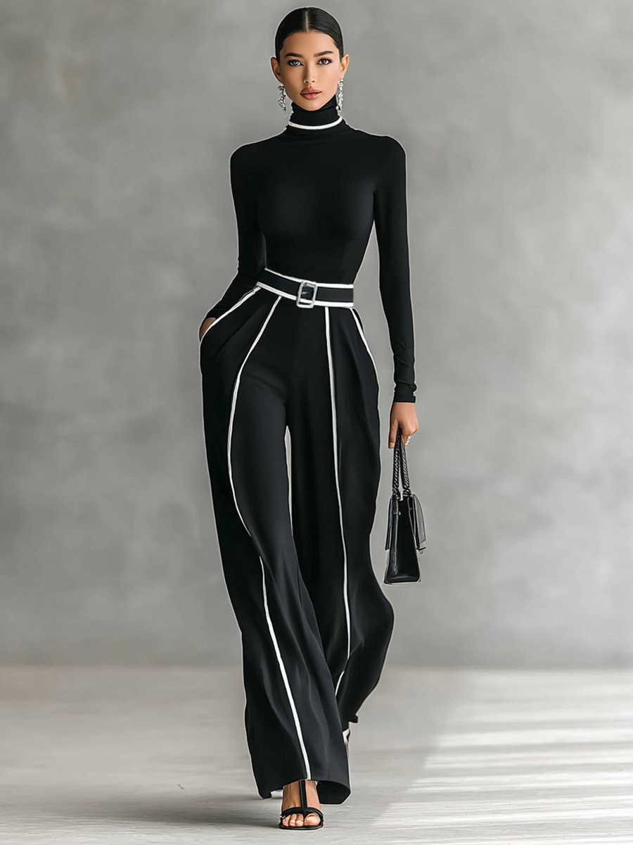 Set due pezzi donna con top a collo alto a maniche lunghe, pantaloni a gamba larga e cintura