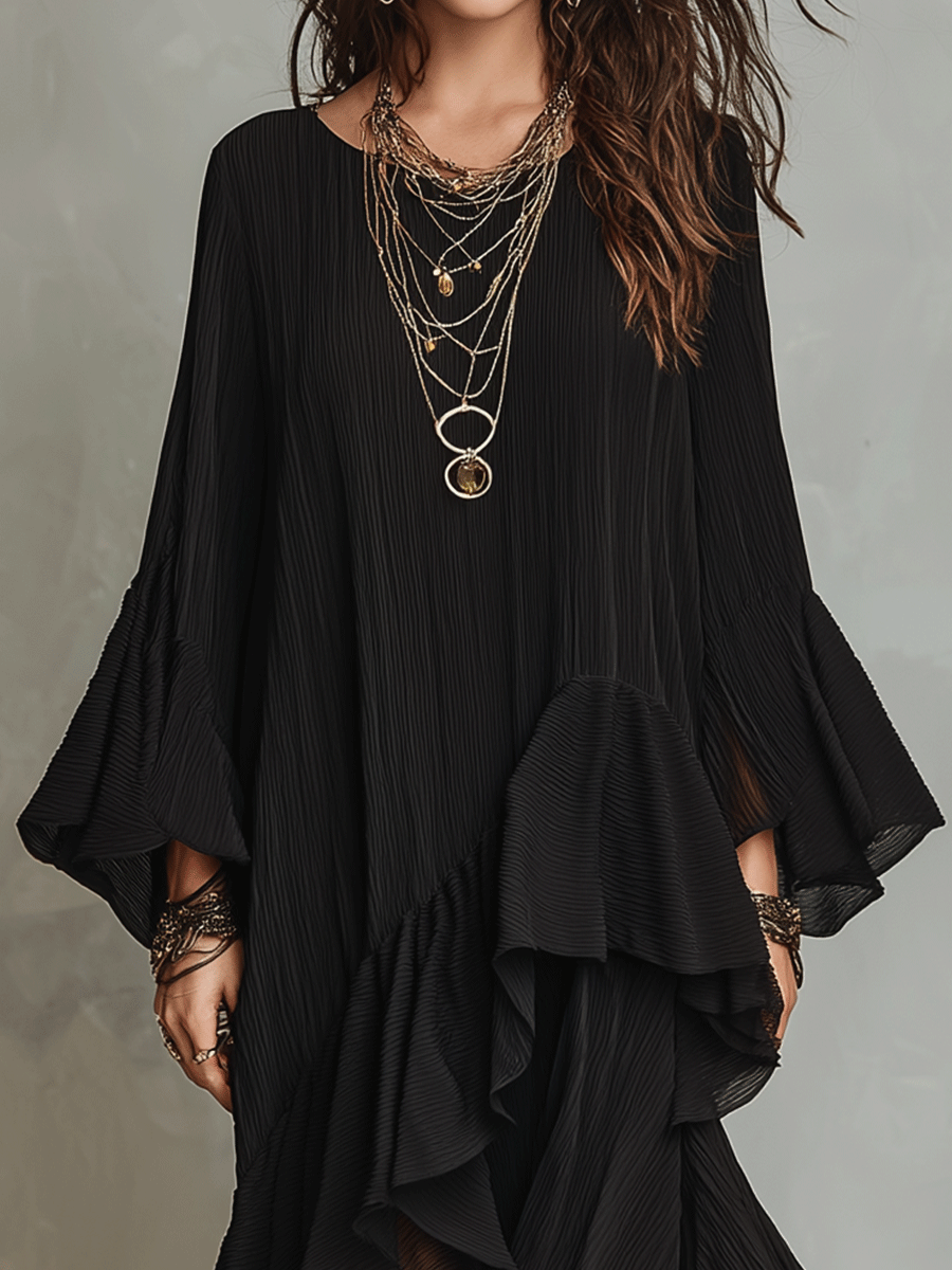 Elegante Abito Midi Boho Nero con Righe Asimmetriche