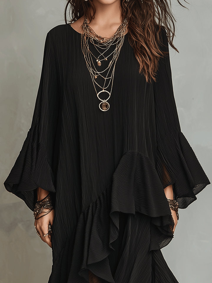 Elegante Abito Midi Boho Nero con Righe Asimmetriche