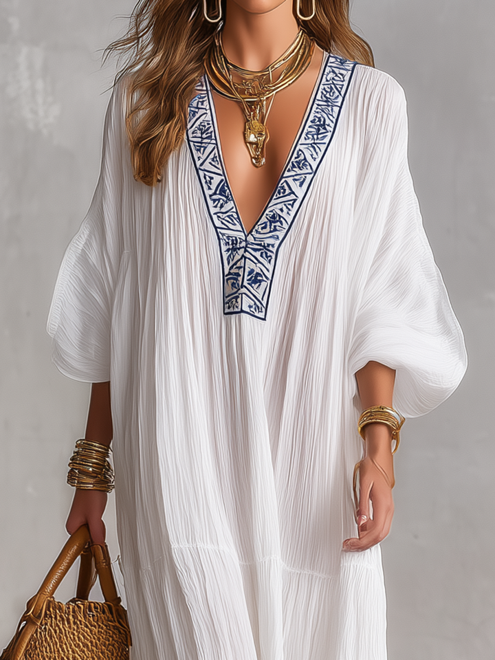 Kaftano Maxi Crinkle Bianco Ricamato Bohemien con Scollatura a V