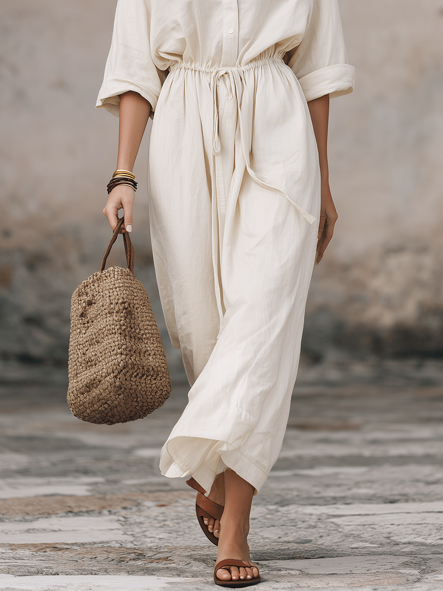 Abito Maxi Camicia Bohemien Senza Sforzo Con Corda In Vita