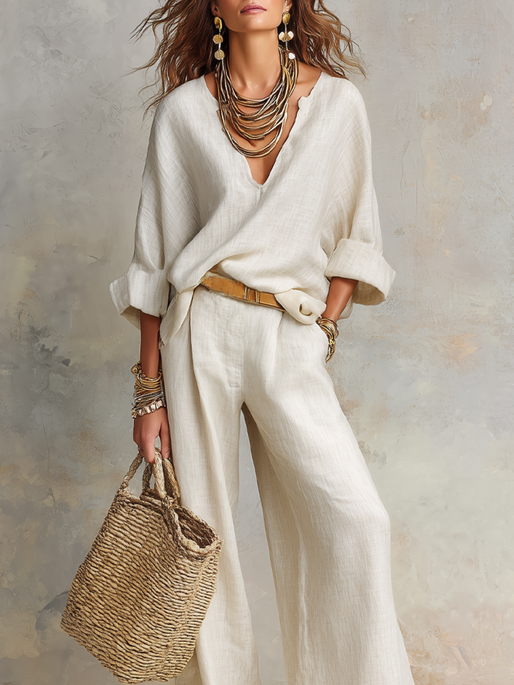 Naomi | Completo in Lino Col V Oversize & Pantaloni Largo Fluido