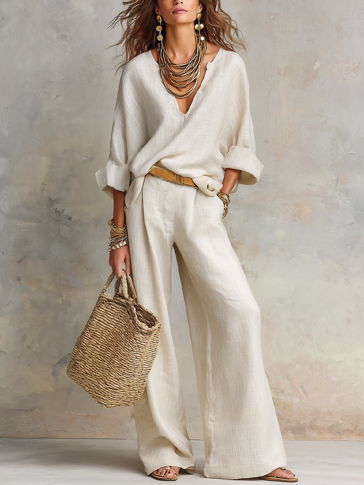 Naomi | Completo in Lino Col V Oversize & Pantaloni Largo Fluido