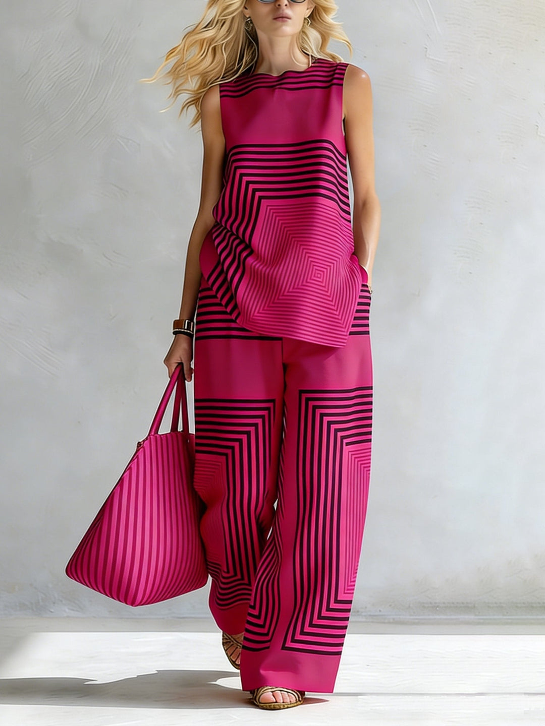Léa | Completo Geometrico Moderno Top Senza Maniche & Pantalone Largo