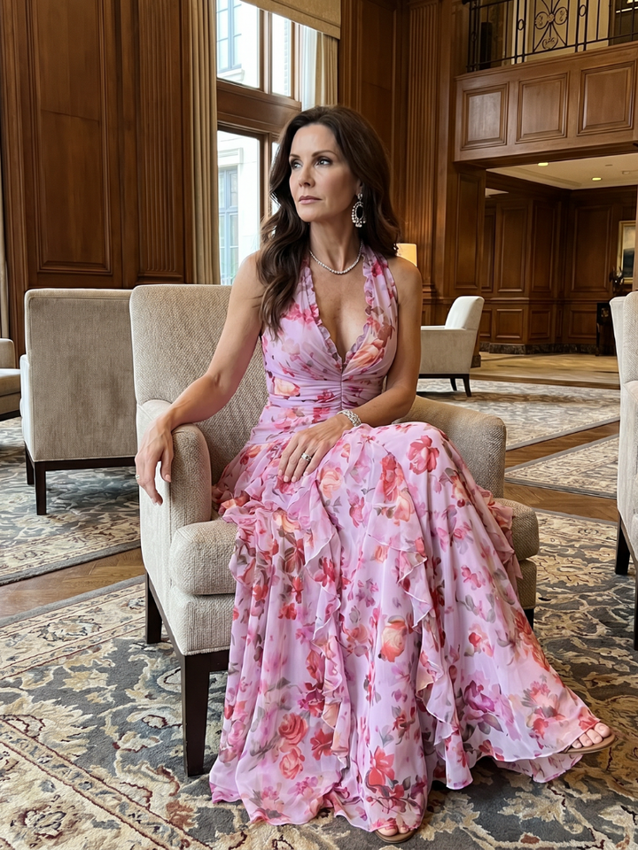 Nori | Abito Maxi con Scollo a Halter e Gonna Plissettata a Fiori